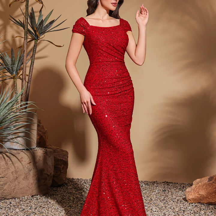 Simple and elegant square neck sequined hip party dress skirt, elegant and chic dress