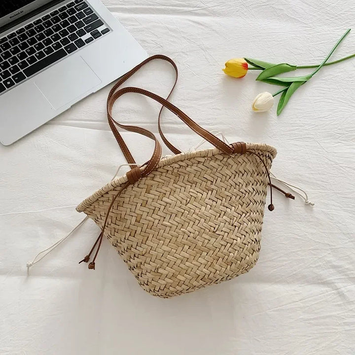 Summer Straw Handbag Boho Beach Shoulder Bag Woven Bucket Shopping Bag Handmade Rattan Bag Lady Top Handle Tote 2 set Handbag
