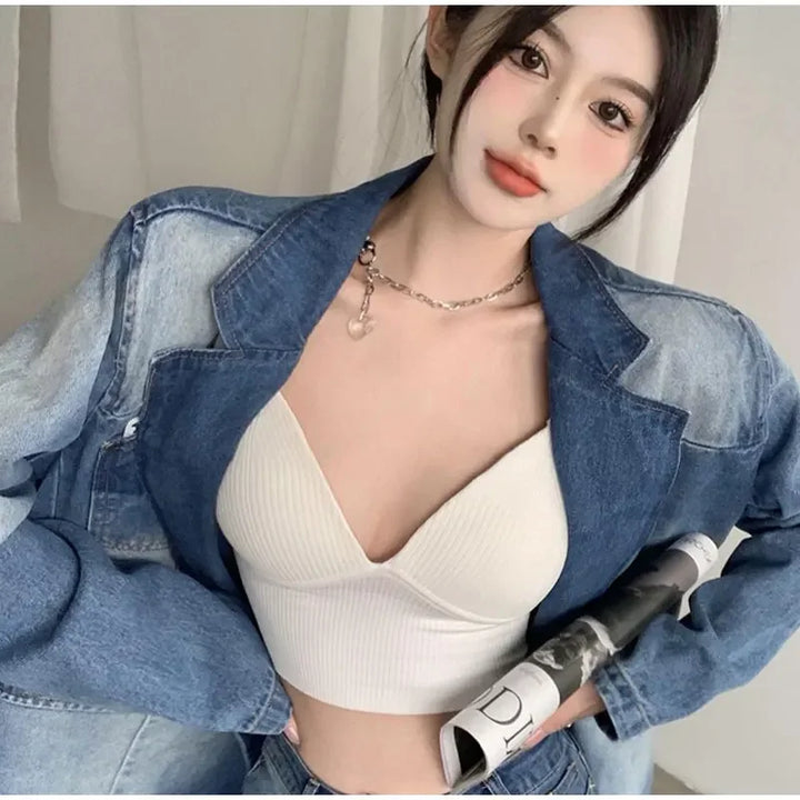 Rib Solid Women Seamless Crop Top Underwear Wire-Free V-Shaped Camisole Thin Straps Bra Bralette Lingerie One-Piece Tube Tops
