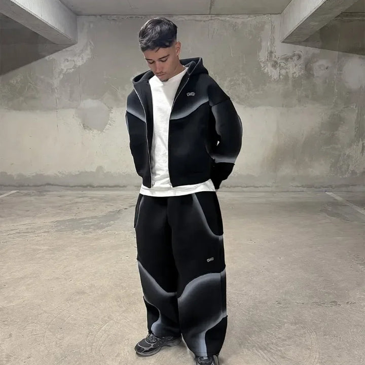 European and American Street Fashion Clothing Dark Fashion Striped Print Oversized Sweatshirt Men Y2k Gothic Punk Zipper Hoodie