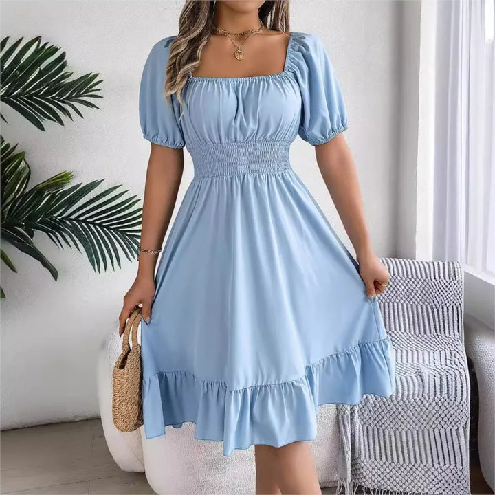 Women's MIidi Dresses 2025 Summer Casual Square Neck Short Sleeved Waist Ruffle Edge Dress Dress Women Elegant Платья Женские