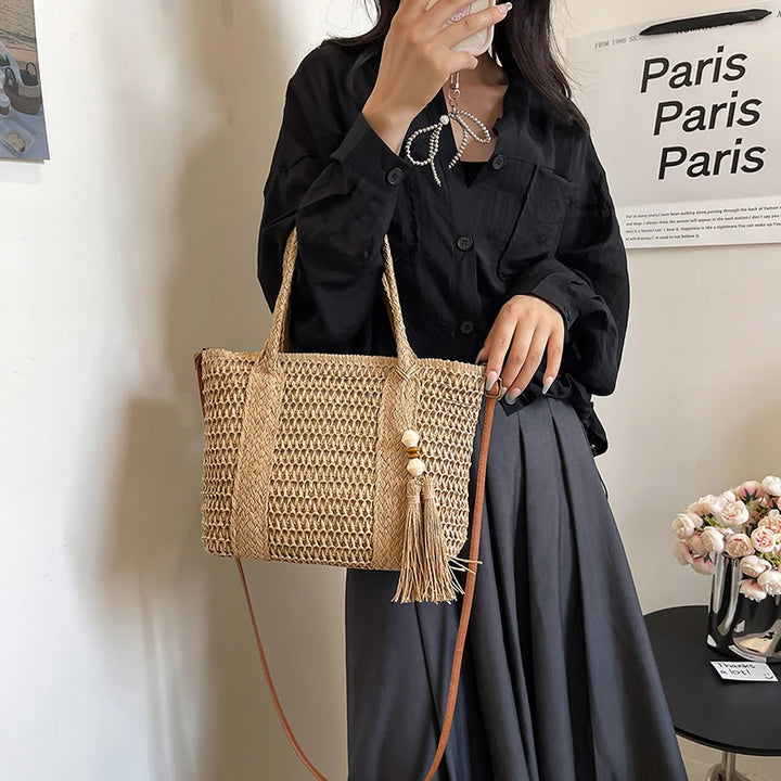 Summer Straw Bag Women Large Capacity  Shoulder Messenger Bags Handmade Woven Handbag Bohemia Vacation Rattan Beach Purse 2024