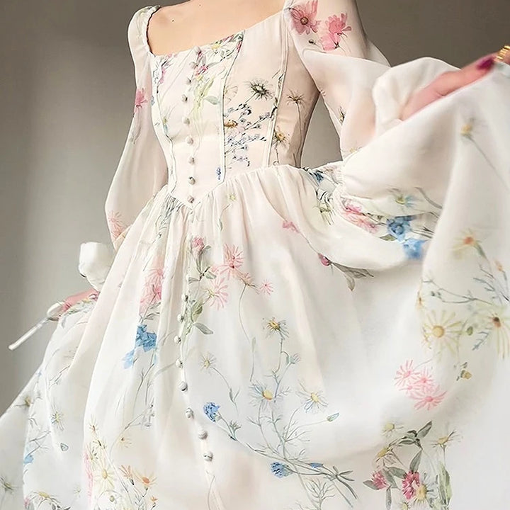 Vintage Floral Midi Dress Women Elegant Party Square Collar Dresses Summer Beach Fairy Korean Long Sleeve Bodycon Vestidos New