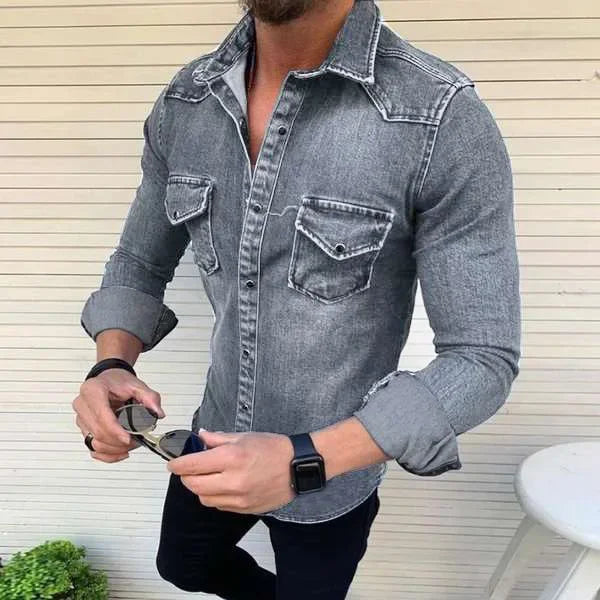 Fashion Men Denim Shirt Casual Slim Fit Button Shirts With Pocket Men Camisa Long Sleeve Turn Down Collar Tops camisa masculina