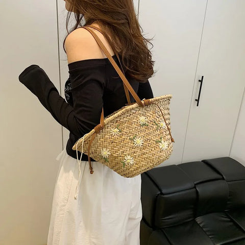 Summer Straw Handbag Boho Beach Shoulder Bag Woven Bucket Shopping Bag Handmade Rattan Bag Lady Top Handle Tote 2 set Handbag