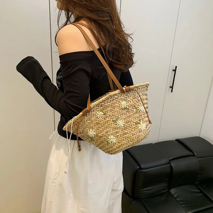 Summer Straw Handbag Boho Beach Shoulder Bag Woven Bucket Shopping Bag Handmade Rattan Bag Lady Top Handle Tote 2 set Handbag