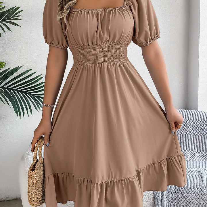 Women's MIidi Dresses 2025 Summer Casual Square Neck Short Sleeved Waist Ruffle Edge Dress Dress Women Elegant Платья Женские