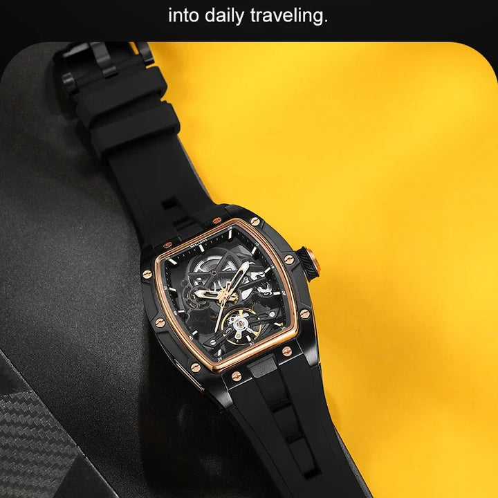 MEGIR Men's Automatic Mechanical Watch with Stainless Steel Case Silicone Band Skeleton Dial Waterproof Sport Wristwatch