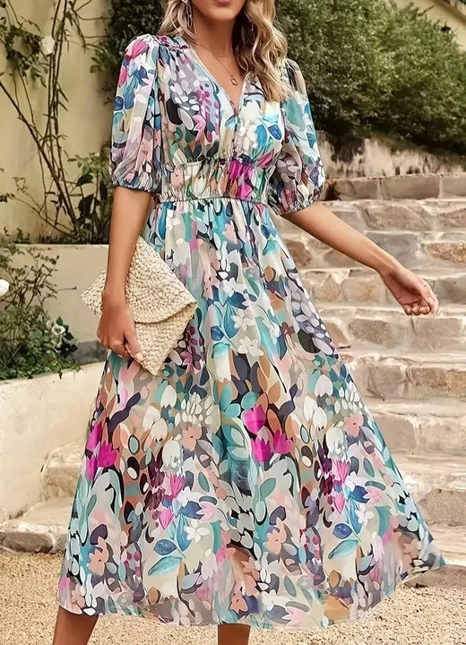 New Boho Floral Print Midi Dress Women Fashion V-neck Short Sleeve Dresses For Women 2025 Summer Casual Holiday Long Dress