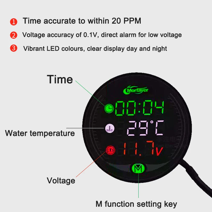 Digital Motorcycle Electronic Clock DC 9V-24V Digital Time Clock + Water Thermometer +Voltage Voltmeter Motorcycle Time Clock