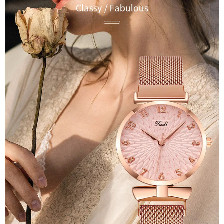 2PCS Set Women's Watch Set Trendy Pink Design Mesh Belt Alloy Wristwatch Fashionable Timepiece Quartz Watch Lady
