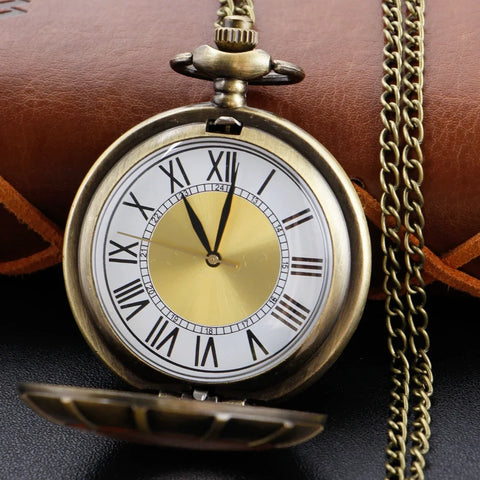 Wheel Shape Transparent Gold Dial Bronze Vintage Time Gem Quartz Pocket Watch for Men's Women's Exquisite Necklace Pendant Gift