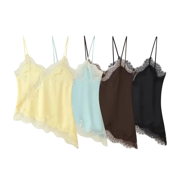 Women's Chic V-neck Lace Spliced Slim Top Sleeveless Backless Hollow out Asymmetrical Hem Sexy Sling Top