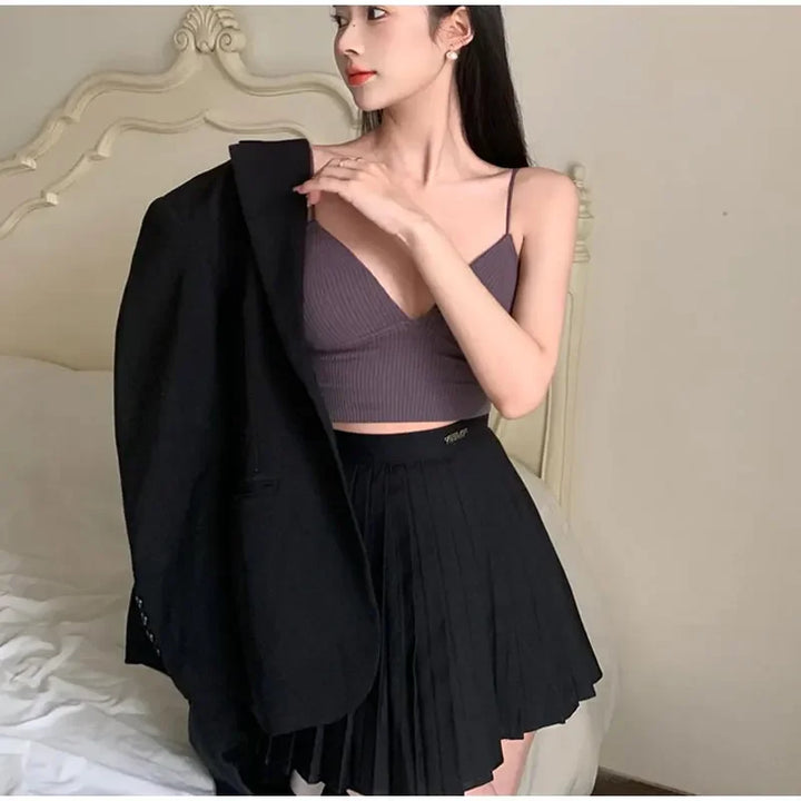 Rib Solid Women Seamless Crop Top Underwear Wire-Free V-Shaped Camisole Thin Straps Bra Bralette Lingerie One-Piece Tube Tops