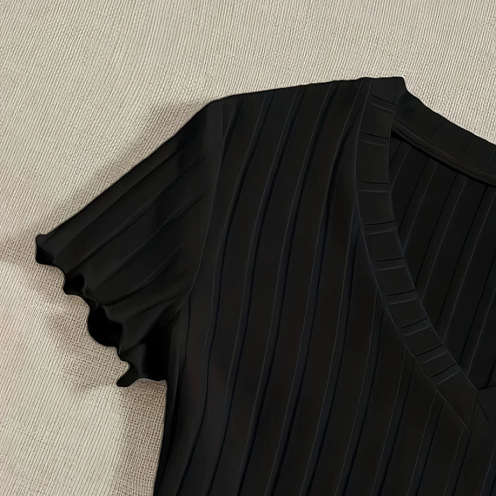 Elegant & Sexy Ribbed V-Neck Bodysuit with Lettuce Trim-Semi-Sheer Comfort Fit Easy Care - Perfect for Spring to Fall
