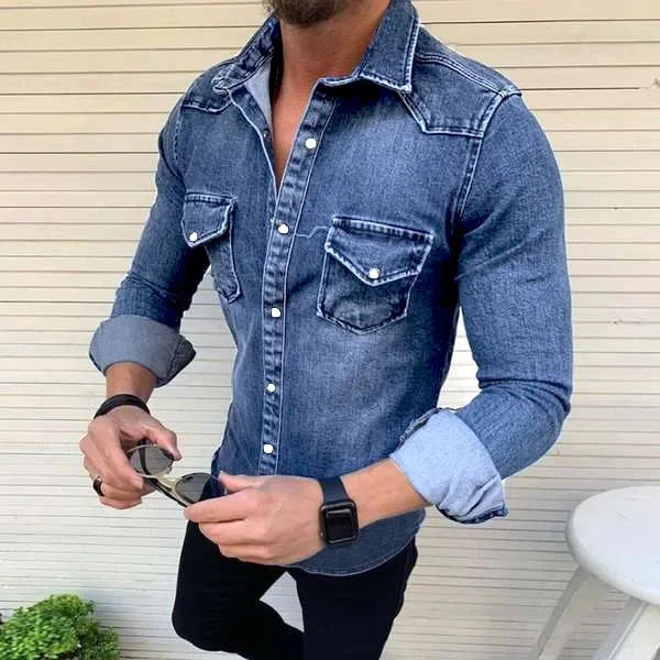 Fashion Men Denim Shirt Casual Slim Fit Button Shirts With Pocket Men Camisa Long Sleeve Turn Down Collar Tops camisa masculina