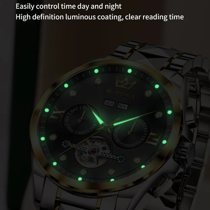 Men's Automatic Mechanical Watch with Tourbillon Waterproof Luminous Stainless Steel Strap Luxury Multi-Functional Timepiece