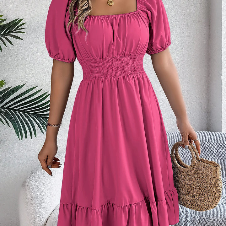 Women's MIidi Dresses 2025 Summer Casual Square Neck Short Sleeved Waist Ruffle Edge Dress Dress Women Elegant Платья Женские