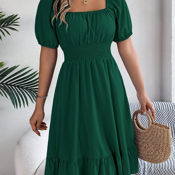 Women's MIidi Dresses 2025 Summer Casual Square Neck Short Sleeved Waist Ruffle Edge Dress Dress Women Elegant Платья Женские
