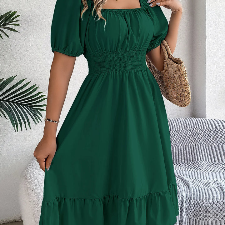 Women's MIidi Dresses 2025 Summer Casual Square Neck Short Sleeved Waist Ruffle Edge Dress Dress Women Elegant Платья Женские