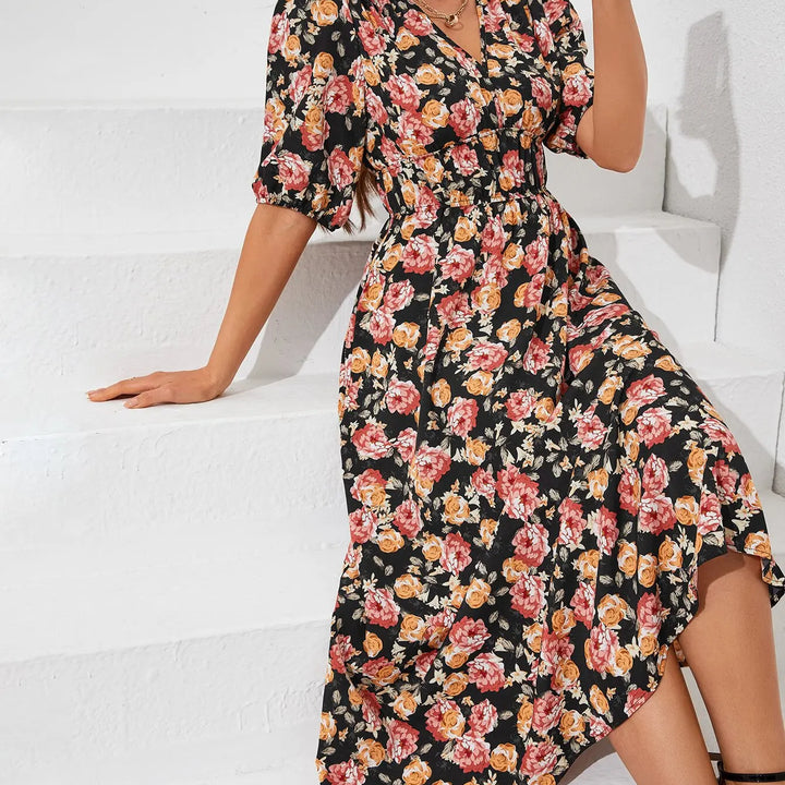 New Boho Floral Print Midi Dress Women Fashion V-neck Short Sleeve Dresses For Women 2025 Summer Casual Holiday Long Dress