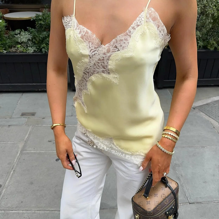 Women's Chic V-neck Lace Spliced Slim Top Sleeveless Backless Hollow out Asymmetrical Hem Sexy Sling Top