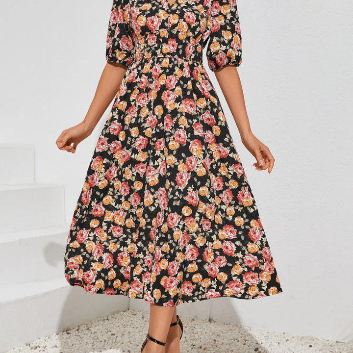 New Boho Floral Print Midi Dress Women Fashion V-neck Short Sleeve Dresses For Women 2025 Summer Casual Holiday Long Dress