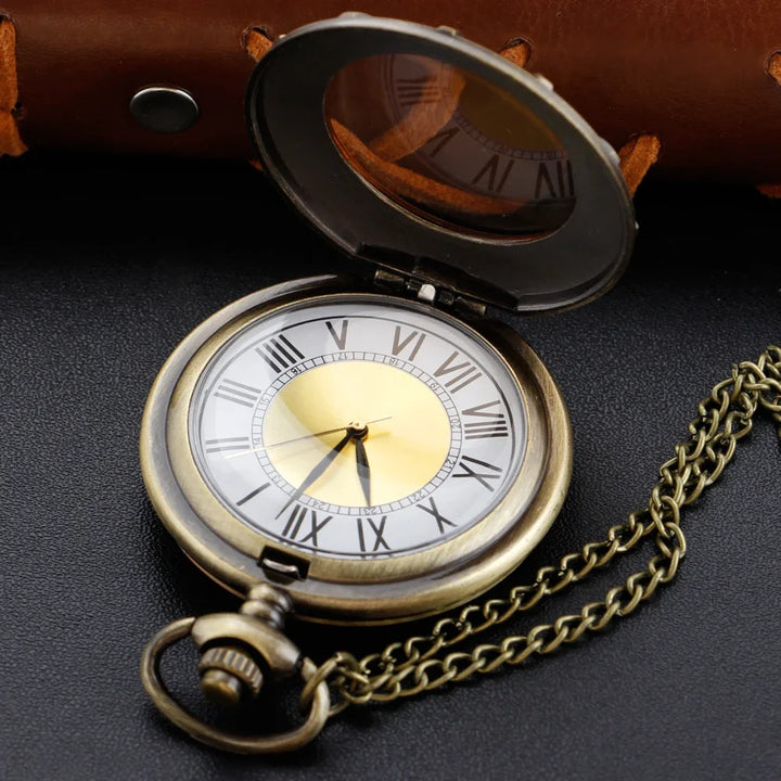 Wheel Shape Transparent Gold Dial Bronze Vintage Time Gem Quartz Pocket Watch for Men's Women's Exquisite Necklace Pendant Gift
