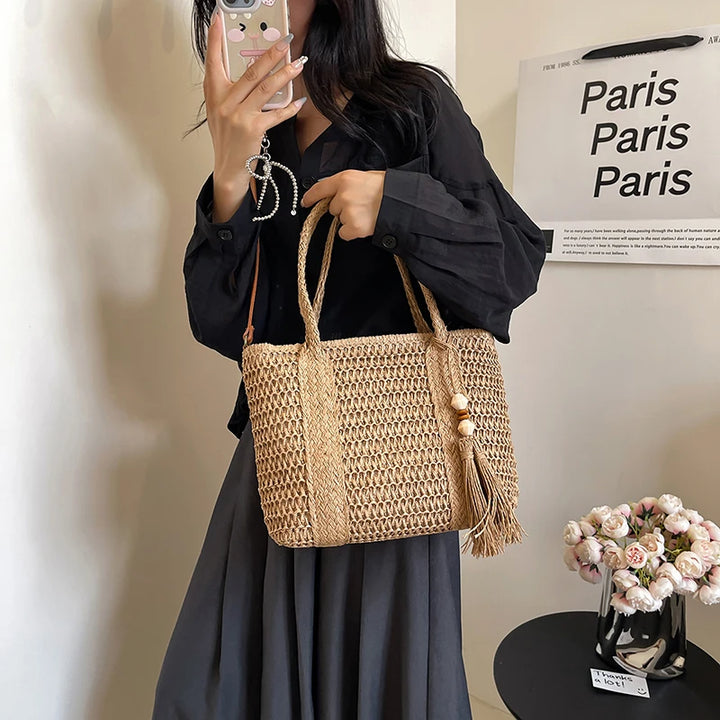 Summer Straw Bag Women Large Capacity  Shoulder Messenger Bags Handmade Woven Handbag Bohemia Vacation Rattan Beach Purse 2024