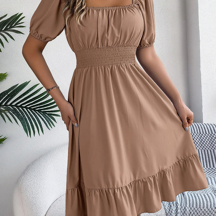 Women's MIidi Dresses 2025 Summer Casual Square Neck Short Sleeved Waist Ruffle Edge Dress Dress Women Elegant Платья Женские