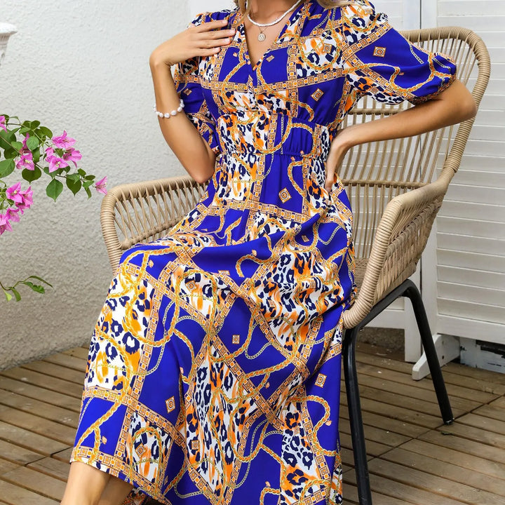 New Boho Floral Print Midi Dress Women Fashion V-neck Short Sleeve Dresses For Women 2025 Summer Casual Holiday Long Dress