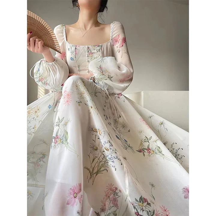 Vintage Floral Midi Dress Women Elegant Party Square Collar Dresses Summer Beach Fairy Korean Long Sleeve Bodycon Vestidos New