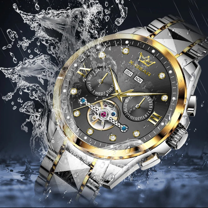 Men's Automatic Mechanical Watch with Tourbillon Waterproof Luminous Stainless Steel Strap Luxury Multi-Functional Timepiece