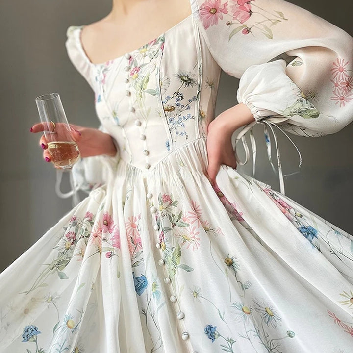 Vintage Floral Midi Dress Women Elegant Party Square Collar Dresses Summer Beach Fairy Korean Long Sleeve Bodycon Vestidos New