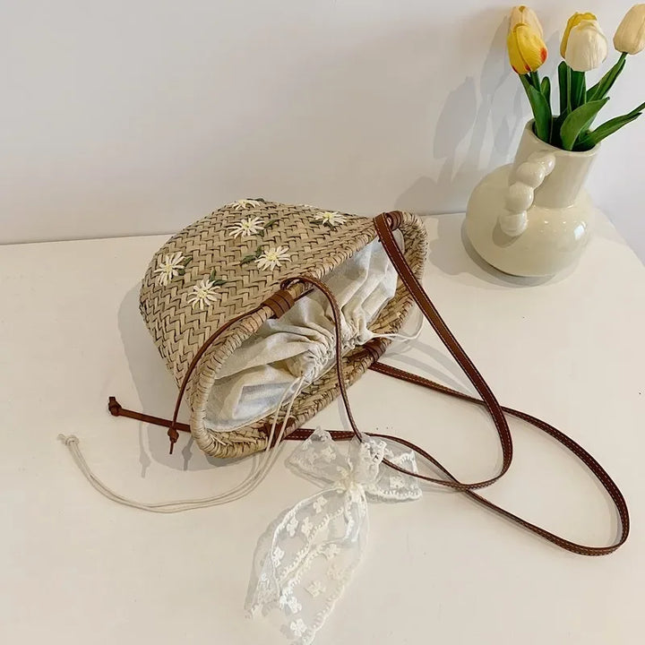 Summer Straw Handbag Boho Beach Shoulder Bag Woven Bucket Shopping Bag Handmade Rattan Bag Lady Top Handle Tote 2 set Handbag
