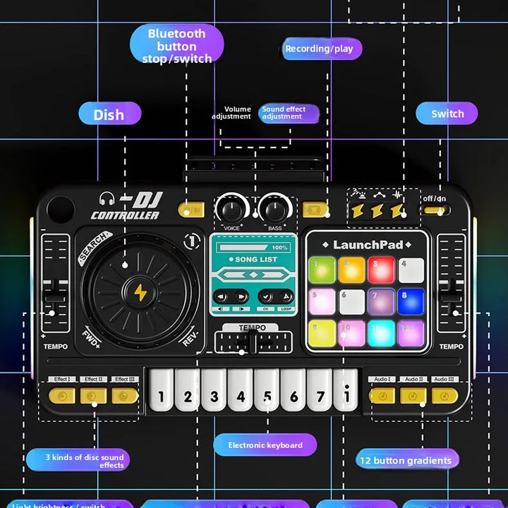 Kid Musical DJ Mixer with Microphone Electronic Keyboard Bluetooth DJ Turntable Console Junior Music Instrument Educational Toy