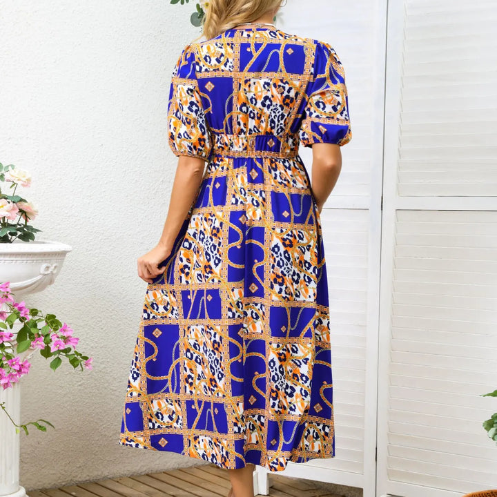 New Boho Floral Print Midi Dress Women Fashion V-neck Short Sleeve Dresses For Women 2025 Summer Casual Holiday Long Dress