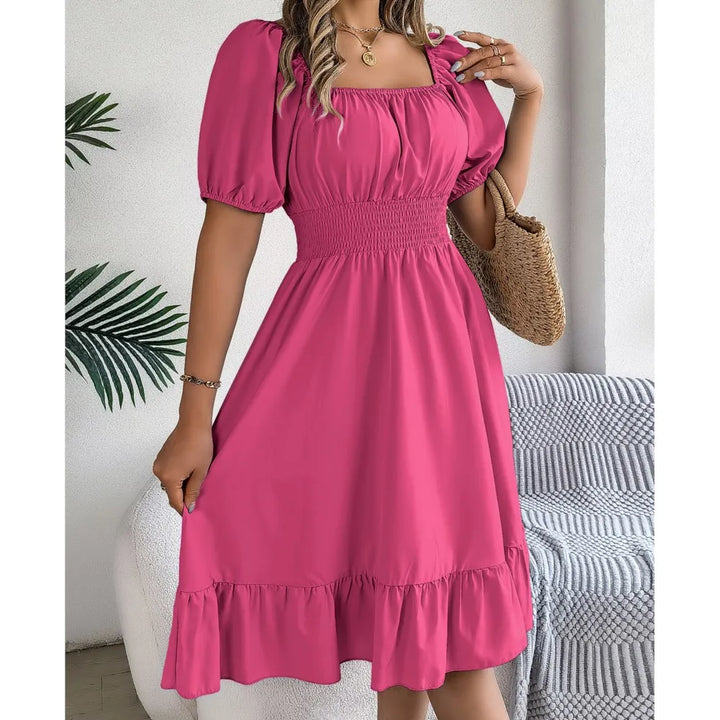 Women's MIidi Dresses 2025 Summer Casual Square Neck Short Sleeved Waist Ruffle Edge Dress Dress Women Elegant Платья Женские