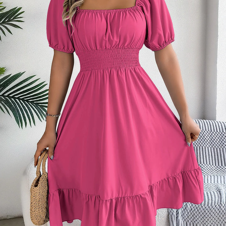 Women's MIidi Dresses 2025 Summer Casual Square Neck Short Sleeved Waist Ruffle Edge Dress Dress Women Elegant Платья Женские