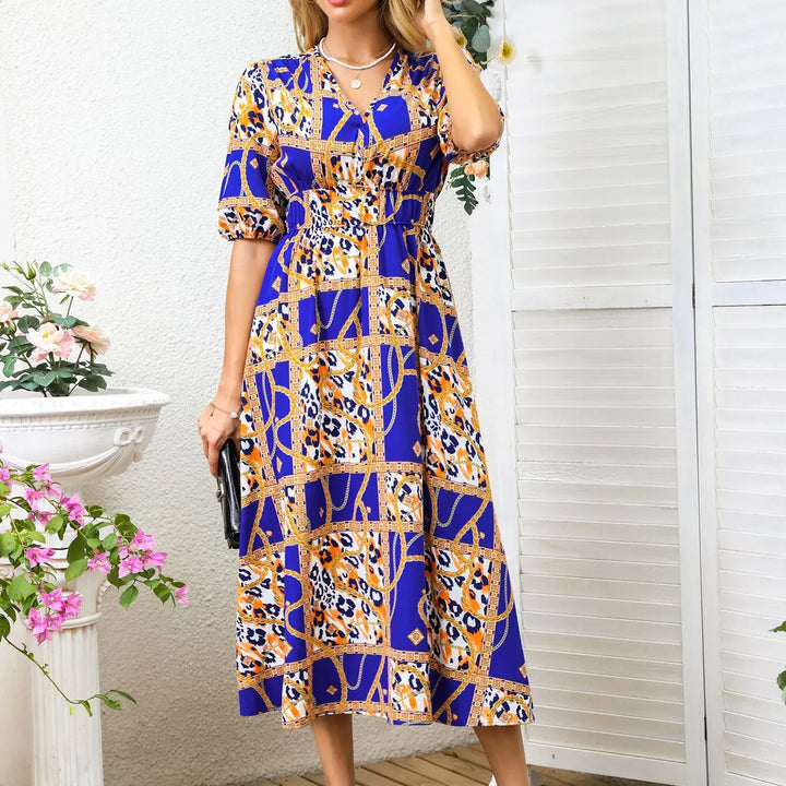 New Boho Floral Print Midi Dress Women Fashion V-neck Short Sleeve Dresses For Women 2025 Summer Casual Holiday Long Dress
