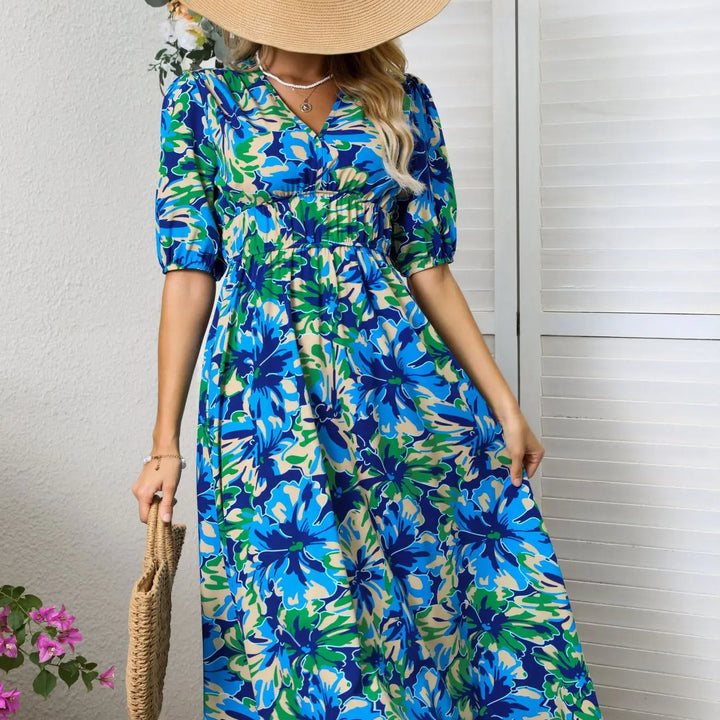 New Boho Floral Print Midi Dress Women Fashion V-neck Short Sleeve Dresses For Women 2025 Summer Casual Holiday Long Dress