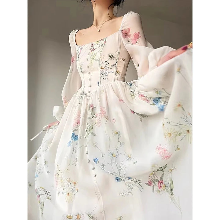 Vintage Floral Midi Dress Women Elegant Party Square Collar Dresses Summer Beach Fairy Korean Long Sleeve Bodycon Vestidos New
