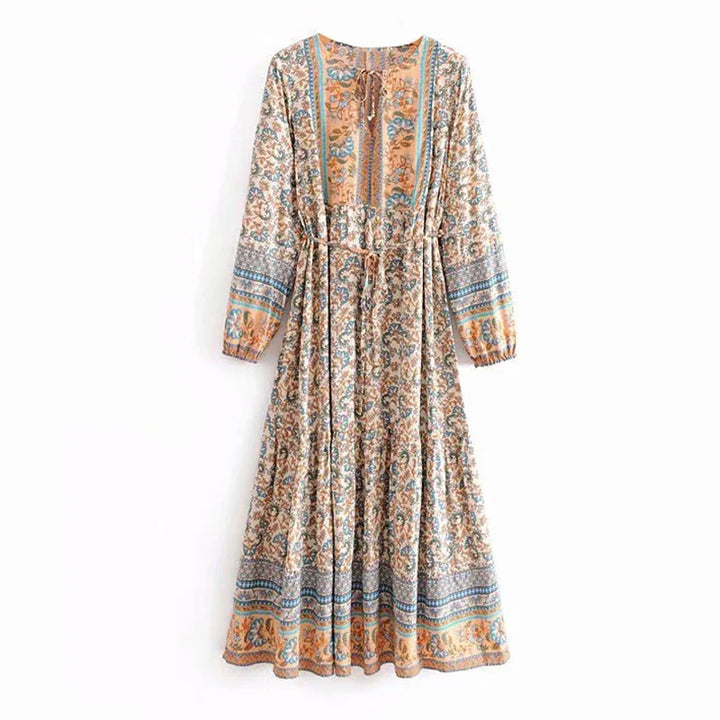Boho Ethnic long sleeve midi dresses for women Robe vintage floral printed cotton rayon dress Autumn tunic casual Loose vestidos