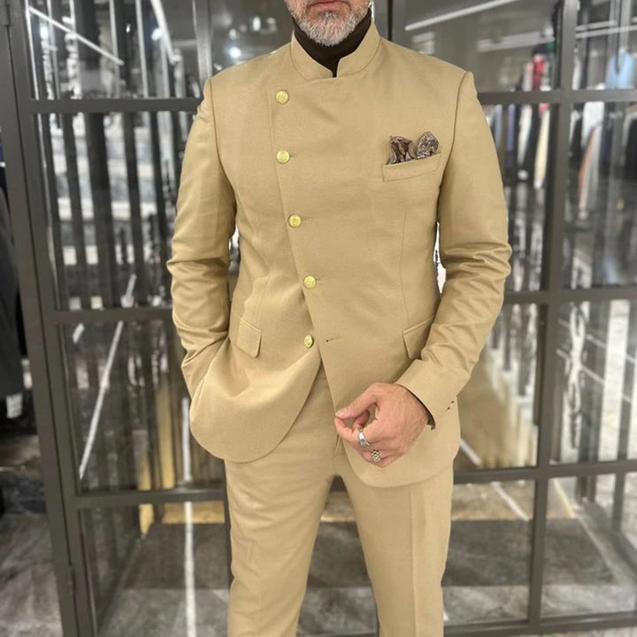 Fashion Men Suits 2 Piece Jacket Pants Solid Color Single Breasted Stand Lapel Casual Blazer Formal Occasion Costume Homme Terno