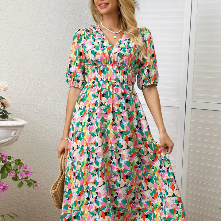 New Boho Floral Print Midi Dress Women Fashion V-neck Short Sleeve Dresses For Women 2025 Summer Casual Holiday Long Dress
