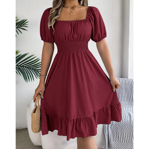 Women's MIidi Dresses 2025 Summer Casual Square Neck Short Sleeved Waist Ruffle Edge Dress Dress Women Elegant Платья Женские
