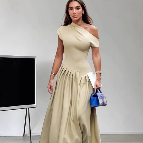 Elegant Pleated Midi Dress for Women Fashion Street Short Sleeve Patchwork Long Dress Casual Office Lady Irregular Neck Vestidos