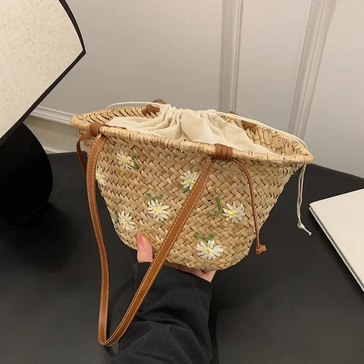 Summer Straw Handbag Boho Beach Shoulder Bag Woven Bucket Shopping Bag Handmade Rattan Bag Lady Top Handle Tote 2 set Handbag