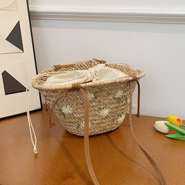 Summer Straw Handbag Boho Beach Shoulder Bag Woven Bucket Shopping Bag Handmade Rattan Bag Lady Top Handle Tote 2 set Handbag