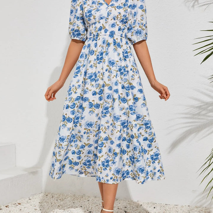New Boho Floral Print Midi Dress Women Fashion V-neck Short Sleeve Dresses For Women 2025 Summer Casual Holiday Long Dress